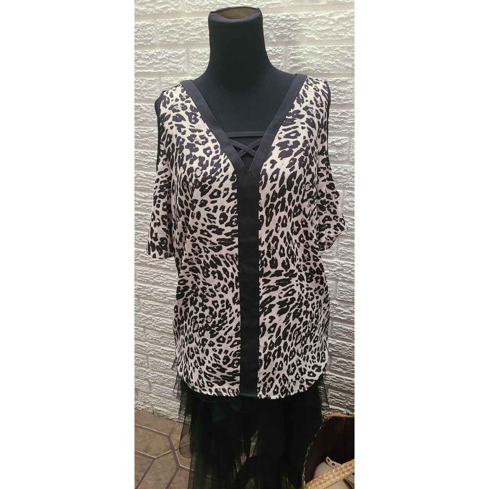 CHICO'S Cream/Black LEOPARD PRINT Georgette V-NECK Cold-Shoulder TOP Sz 1